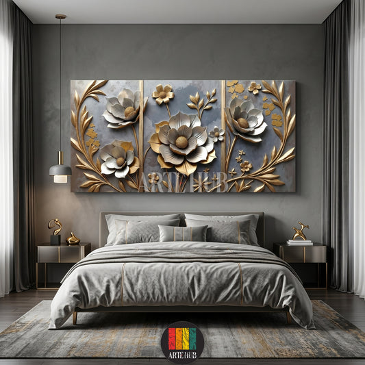 Luxurious 3D embossed floral canvas wall art featuring golden and silver flowers over a grey backdrop, ideal for modern bedroom decor in Egypt.