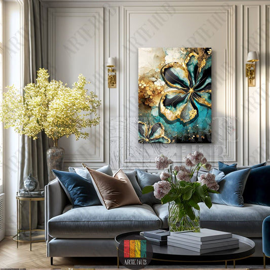 A luxurious vertical canvas wall art featuring abstract teal and gold flower petals with a fluid marble texture, styled in a sophisticated Egyptian living room.