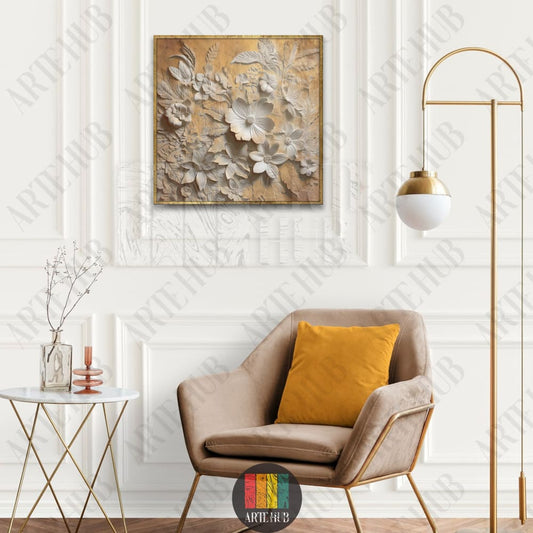 A high-end framed canvas wall art featuring a 3D-textured golden floral design, perfect for modern luxury home decor in Egypt.