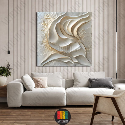 Textured 3D white and gold abstract waves canvas wall art displayed in a luxury modern living room in Egypt.