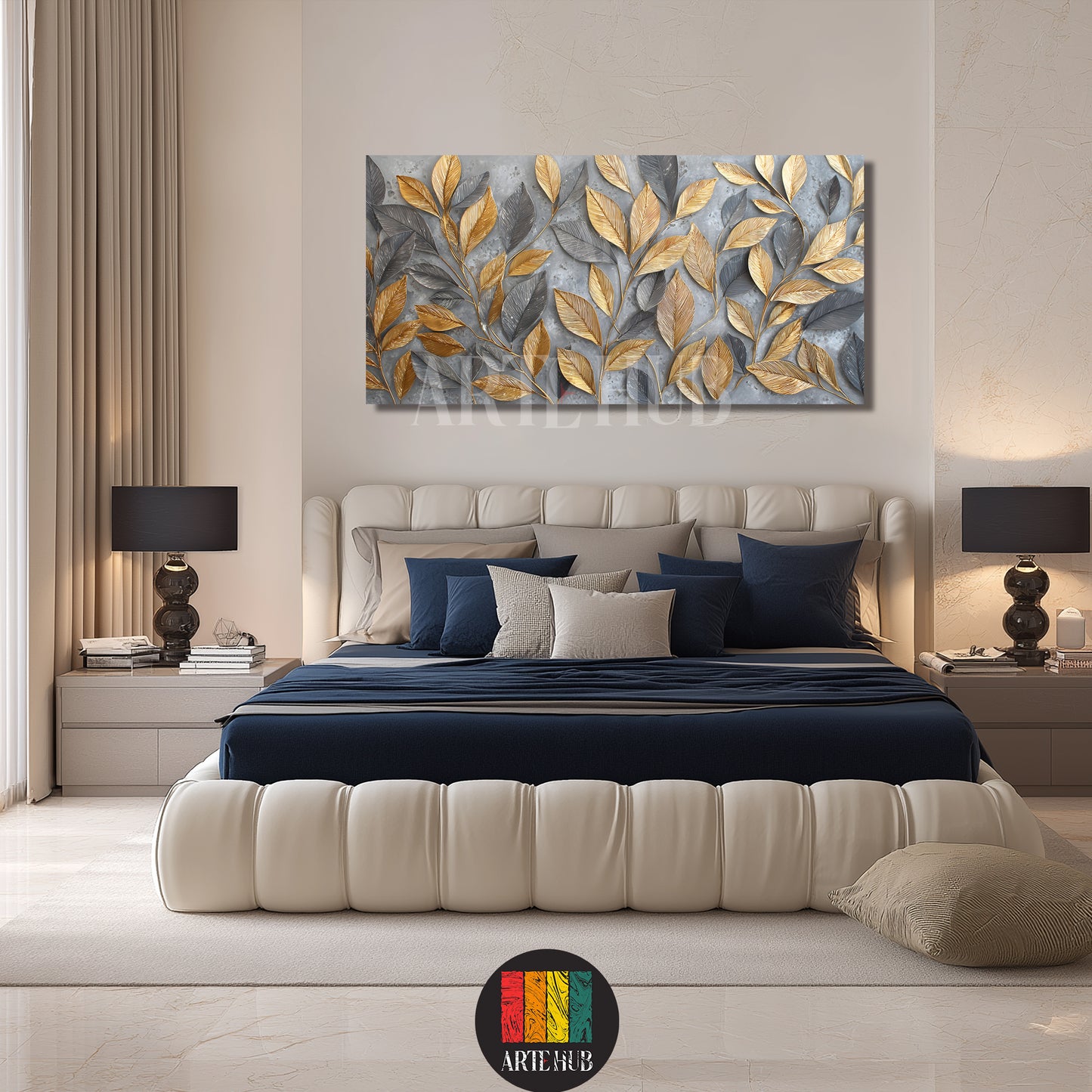 Modern canvas wall art with textured 3D golden and charcoal leaves displayed above a luxury bed in a stylish interior in Egypt.