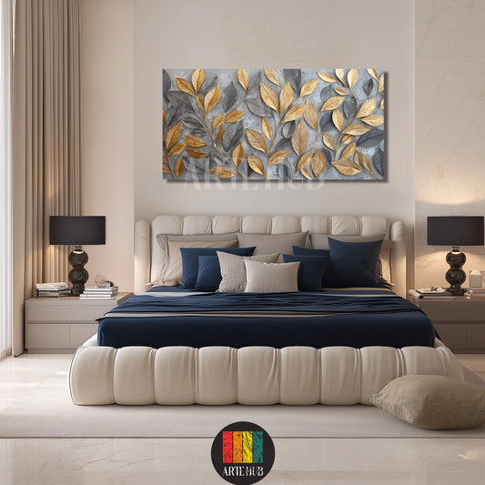 Modern canvas wall art with textured 3D golden and charcoal leaves displayed above a luxury bed in a stylish interior in Egypt.