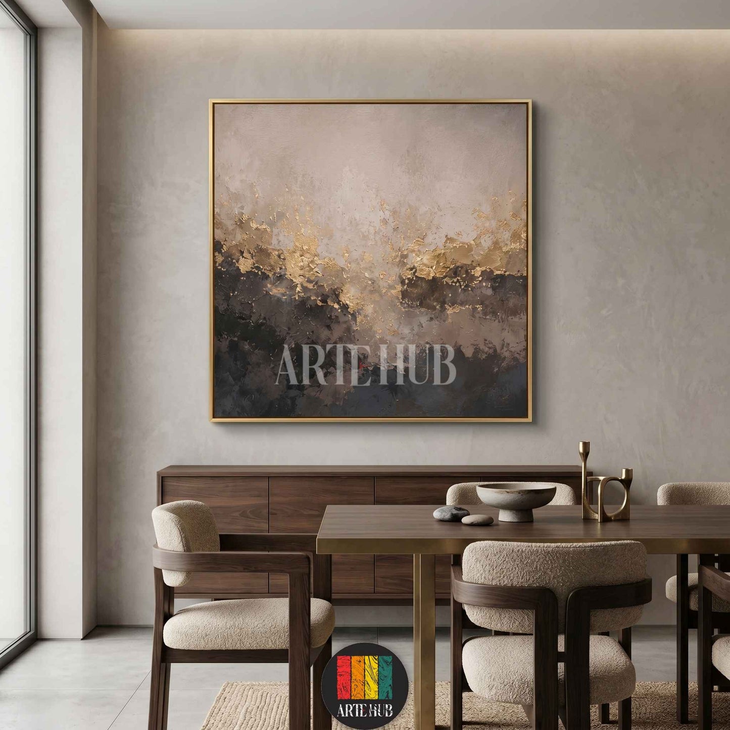 Luxury abstract canvas wall art with metallic gold leaf and charcoal grey textures displayed in a modern dining room in Egypt.