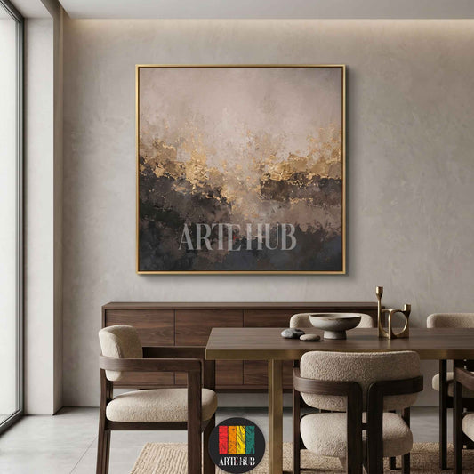 Luxury abstract canvas wall art with metallic gold leaf and charcoal grey textures displayed in a modern dining room in Egypt.