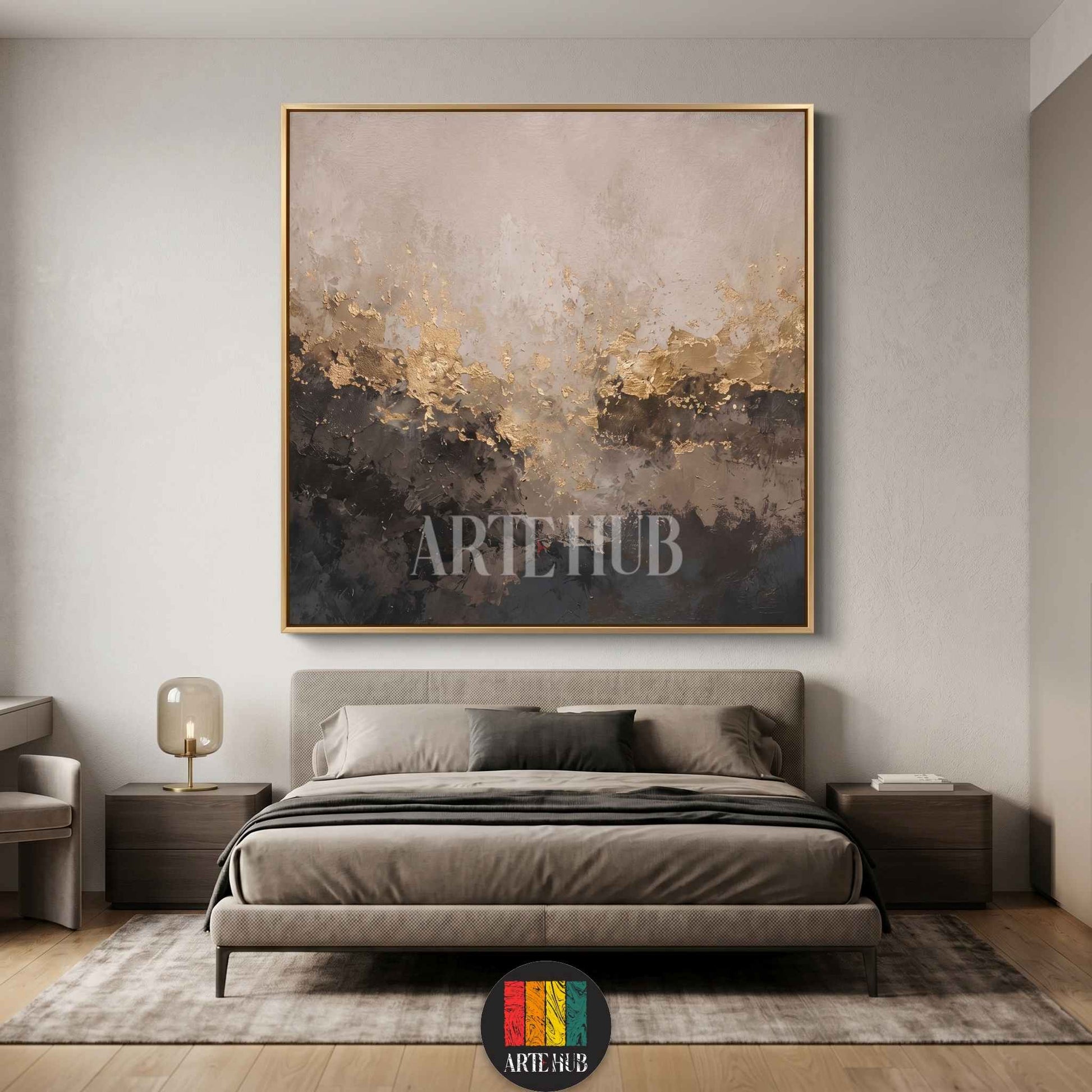 Hand-textured abstract canvas wall art with gold leaf accents in a modern bedroom setting, luxury home decor in Egypt.