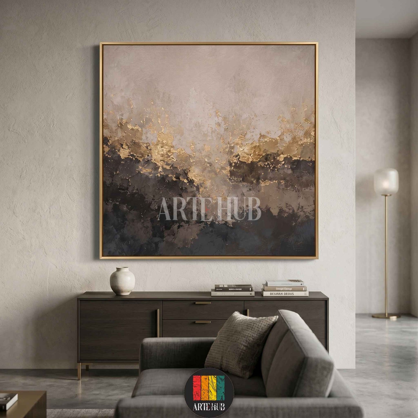 A luxurious square canvas wall art featuring a modern abstract design with textured gold leaf accents over cream and dark charcoal tones.