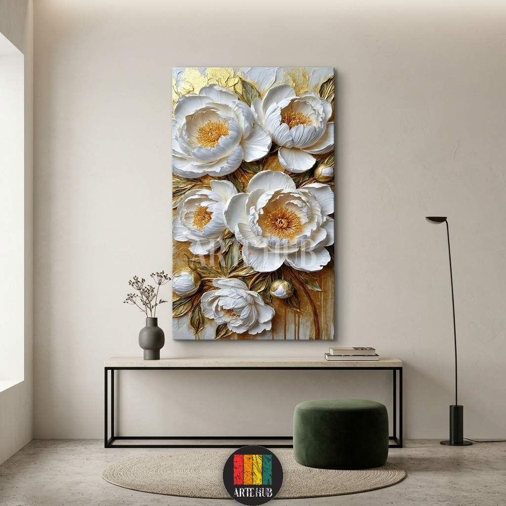 3D textured white peony canvas wall art with elegant gold accents, a modern luxury floral painting for upscale home decor in Egypt.