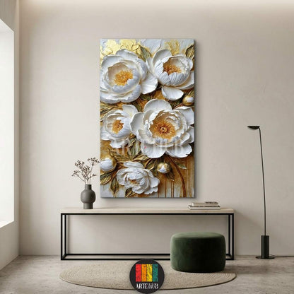 3D textured white peony canvas wall art with elegant gold accents, a modern luxury floral painting for upscale home decor in Egypt.