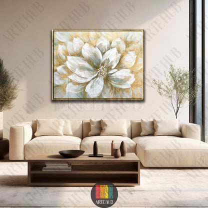Abstract white and gold floral painting on canvas wall art displayed in a modern luxury living room in Egypt.