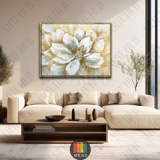 Abstract white and gold floral painting on canvas wall art displayed in a modern luxury living room in Egypt.