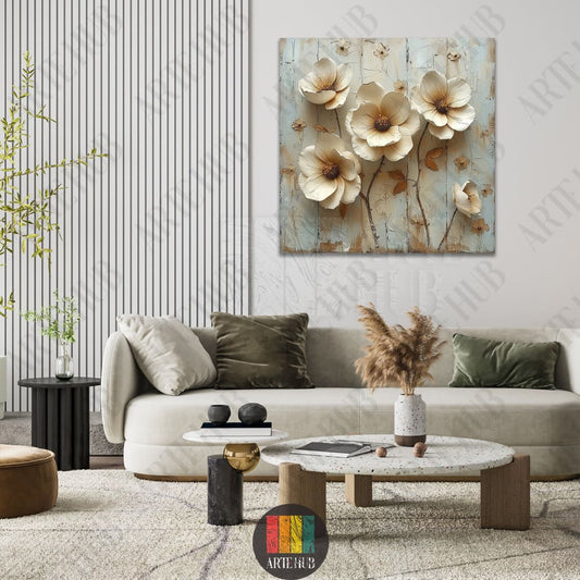 Luxury 3D-effect canvas wall art featuring textured cream-colored flowers on a rustic background in a modern living room setting.