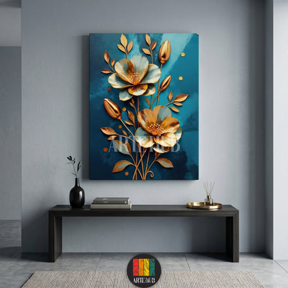 Stylized golden flowers with a deep teal blue background, premium modern canvas wall art for luxury home decor in Egypt.