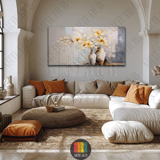 Modern abstract canvas wall art featuring yellow flowers in vases on a textured background for luxury home decor in Egypt.