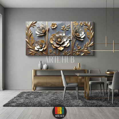 Luxury 3D-effect canvas wall art featuring gold and silver metallic flowers on a textured grey background, perfect for modern dining room decor in Egypt.