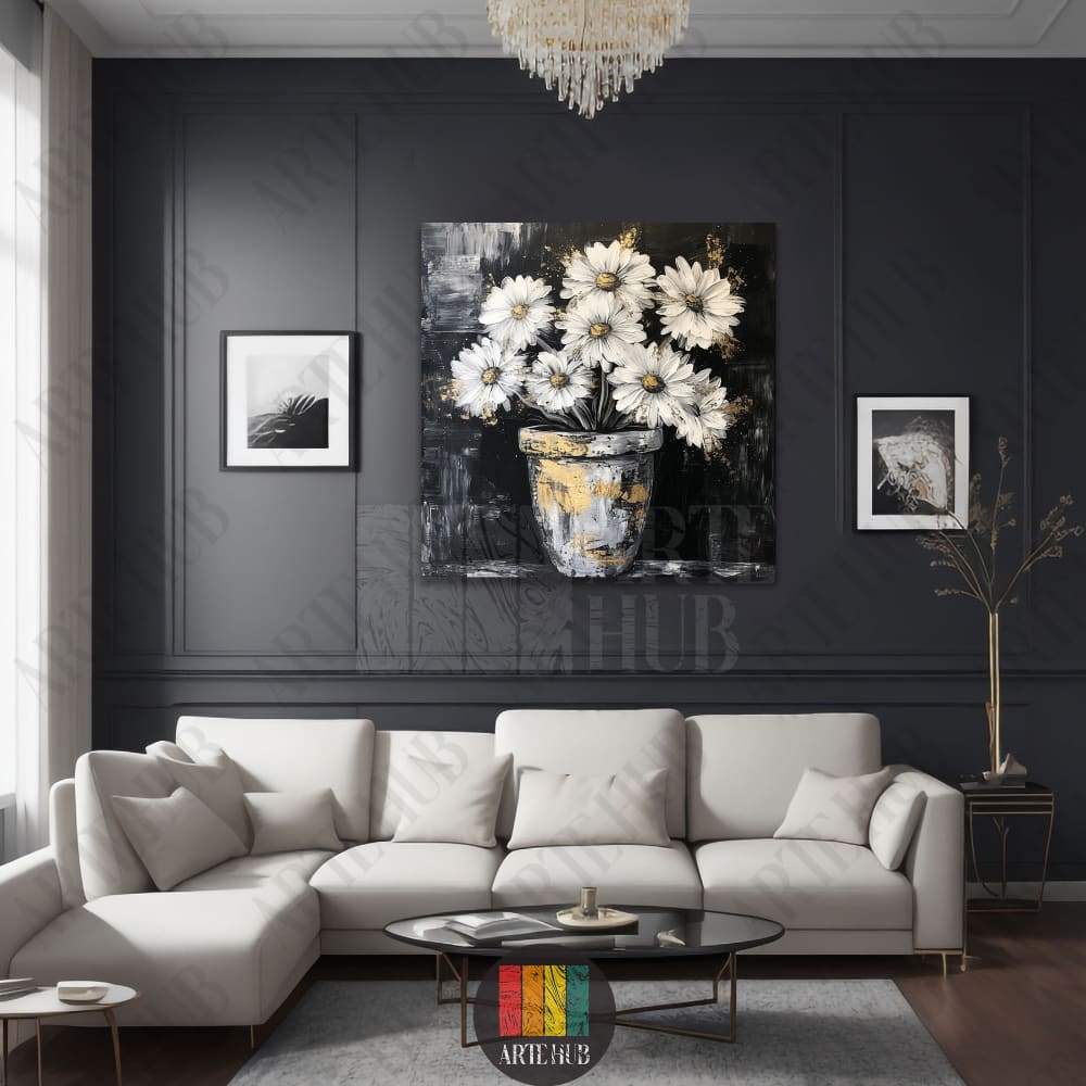 Premium canvas wall art featuring white daisies in a metallic gold vase, displayed in a luxury modern living room setting in Egypt.