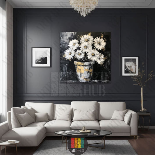 Premium canvas wall art featuring white daisies in a metallic gold vase, displayed in a luxury modern living room setting in Egypt.