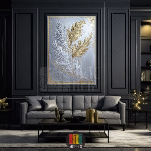 Luxury canvas wall art featuring embossed gold and silver feathers in a modern living room setting, premium home decor in Egypt.