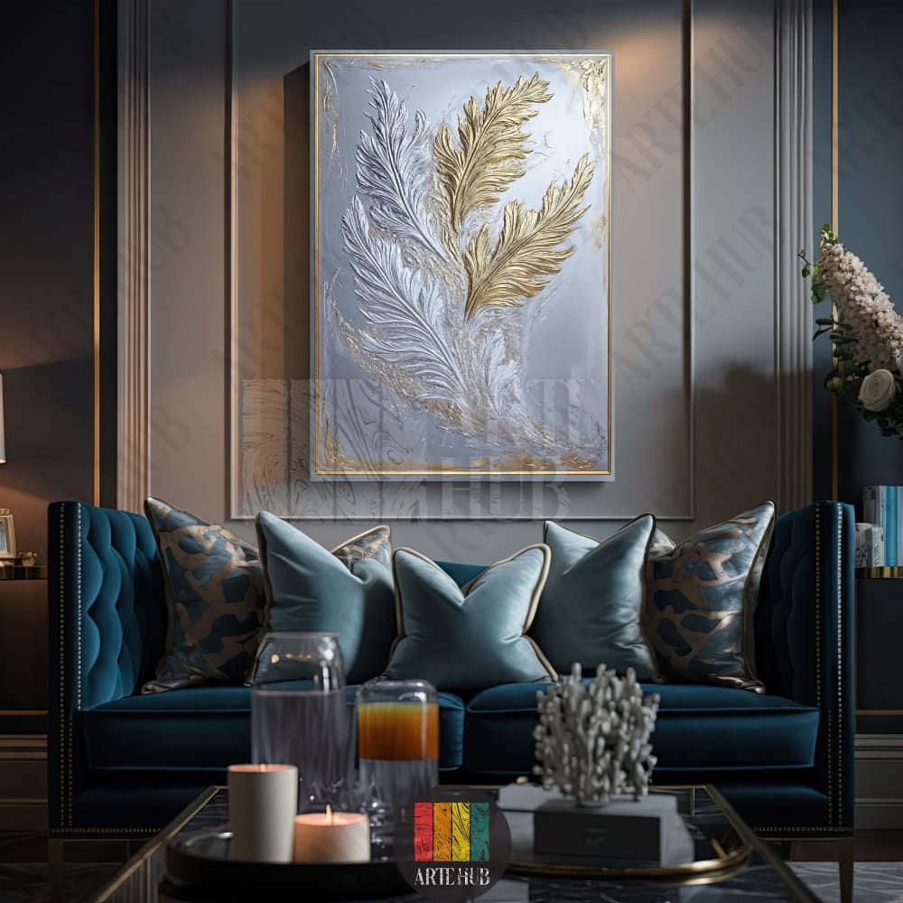 Modern textured gold and silver feather canvas wall art displayed in a luxury living room decor setting in Egypt.