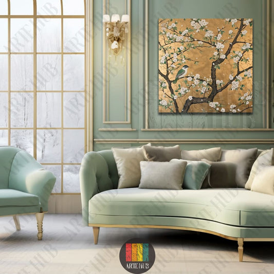 Luxury canvas wall art featuring a bird on white blossom branches over a gold textured background, ideal for modern home decor in Egypt.