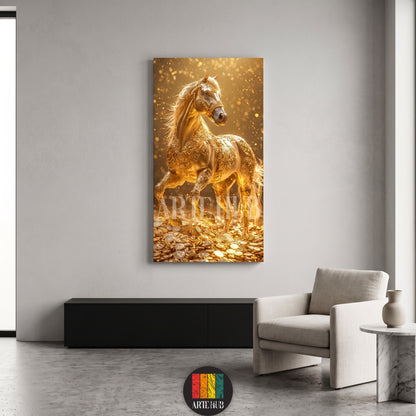 A majestic golden horse standing on a pile of gold coins, premium canvas wall art for luxury modern home decor.
