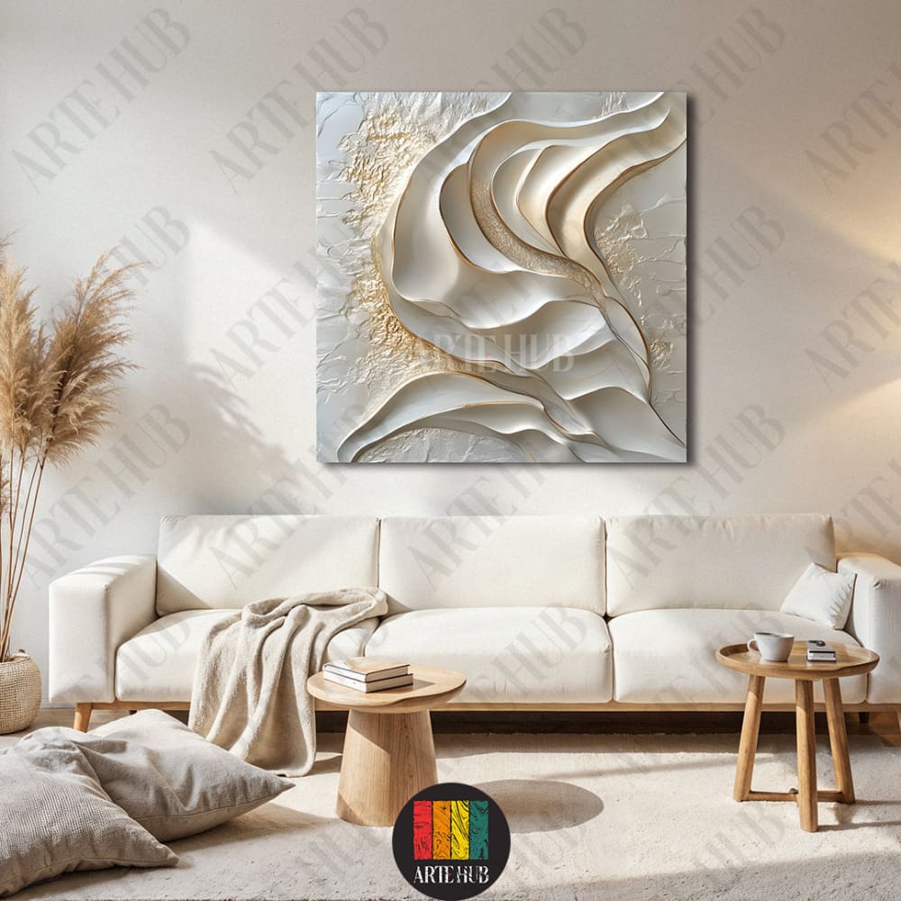 Luxury 3D textured canvas wall art featuring elegant white and gold abstract waves, perfect for modern home decor in a minimalist Egyptian living room.