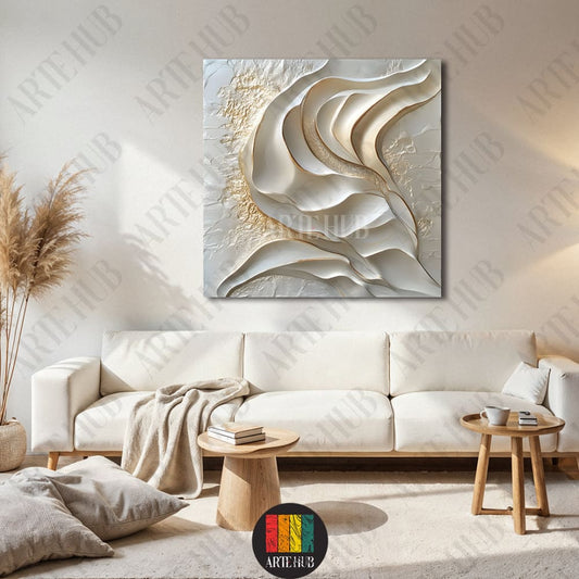 Luxury 3D textured canvas wall art featuring elegant white and gold abstract waves, perfect for modern home decor in a minimalist Egyptian living room.