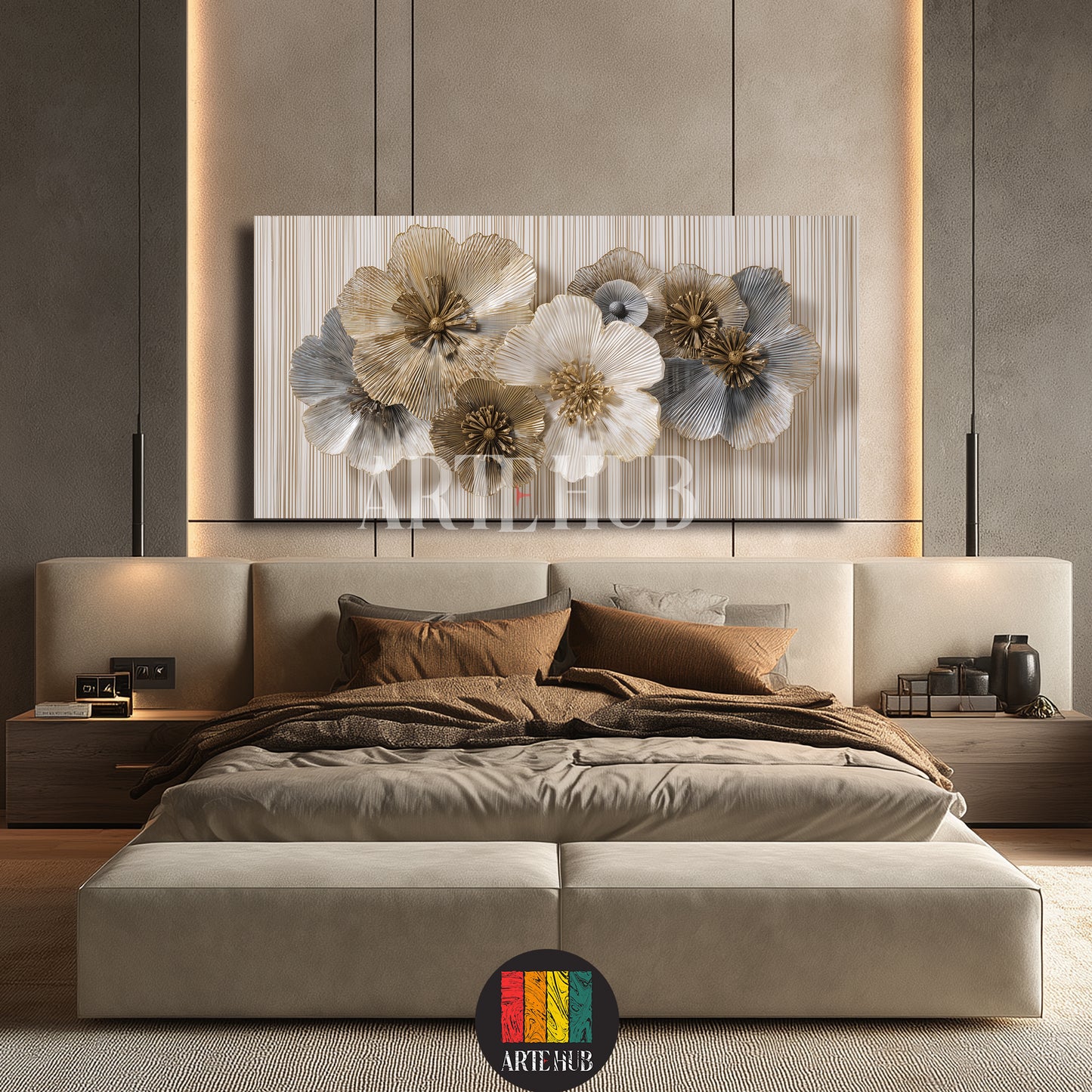 A luxury square canvas wall art piece displaying a stylized white flower with golden highlights on a textured grey background in a modern living room.