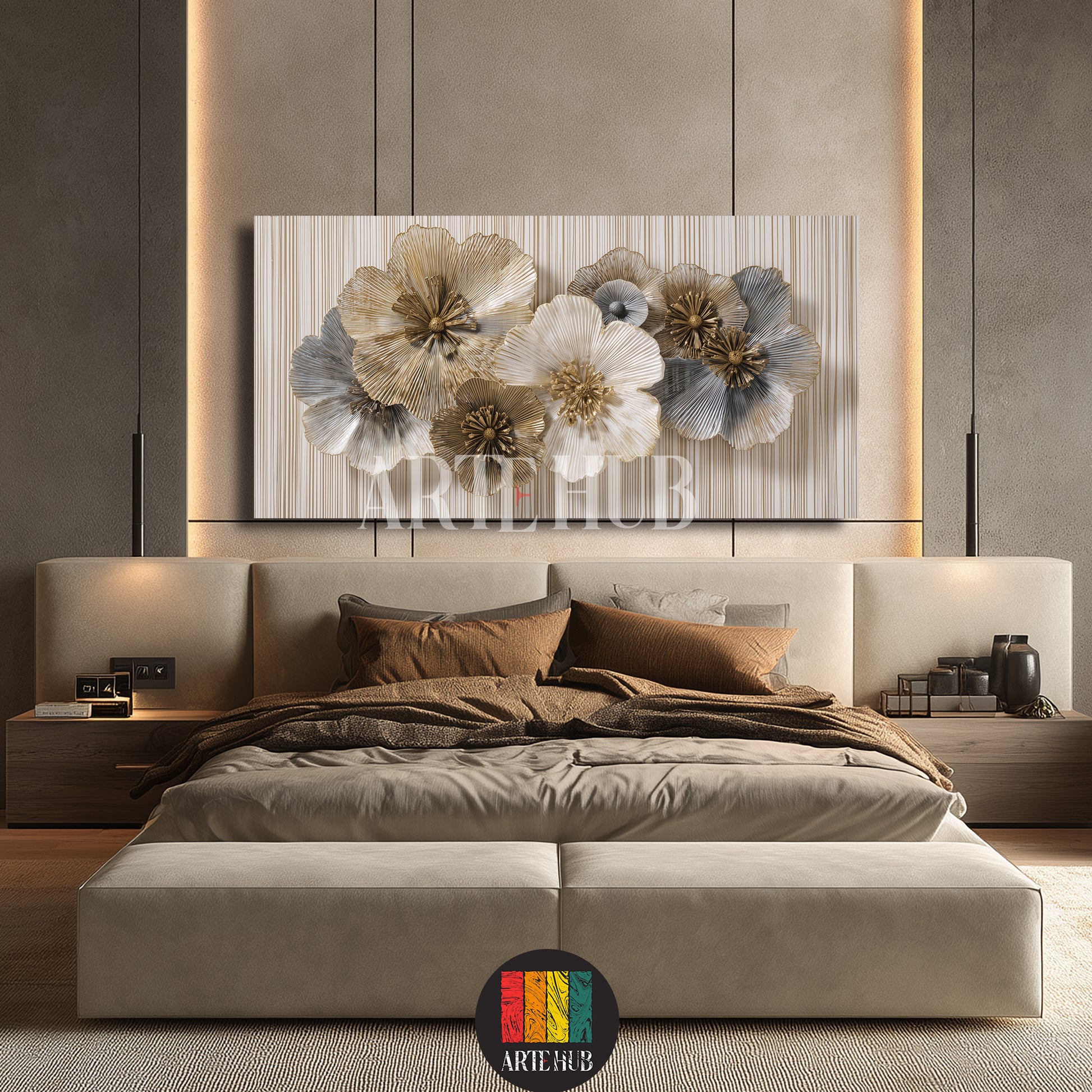 A luxury square canvas wall art piece displaying a stylized white flower with golden highlights on a textured grey background in a modern living room.
