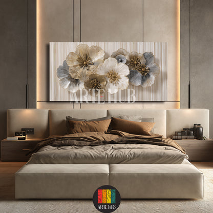 A luxury square canvas wall art piece displaying a stylized white flower with golden highlights on a textured grey background in a modern living room.