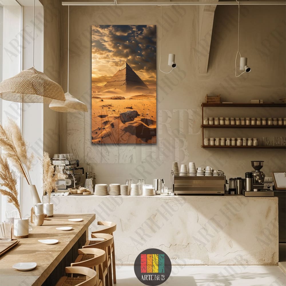 A vertical canvas wall art depicting the Great Pyramid of Giza at sunset with golden clouds and desert sand, hanging in a modern café setting.