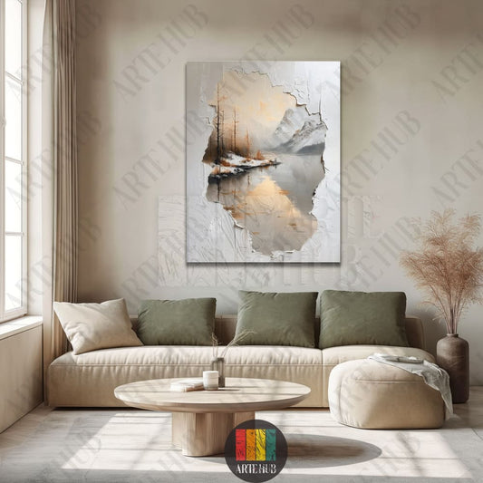 Modern canvas wall art showing a serene snowy mountain landscape through a creative torn plaster wall effect in a luxury living room.