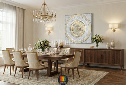 Luxury gold and white Arabic calligraphy canvas wall art featuring intricate geometric patterns, styled in a premium dining room in Egypt.