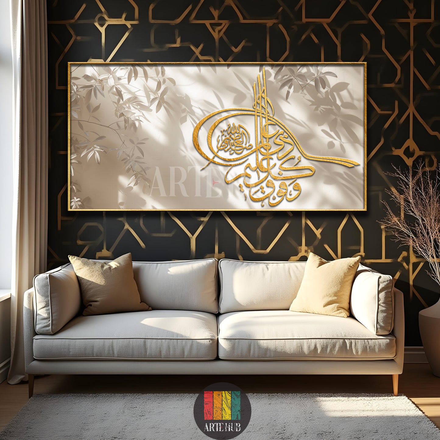Exquisite gold Arabic calligraphy canvas wall art featuring a Sultan's seal design with leaf shadow accents in a luxury modern living room in Egypt.