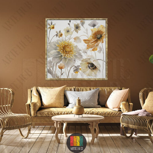 Elegant framed canvas wall art featuring watercolor yellow and grey flowers in a luxury modern living room setting in Egypt.