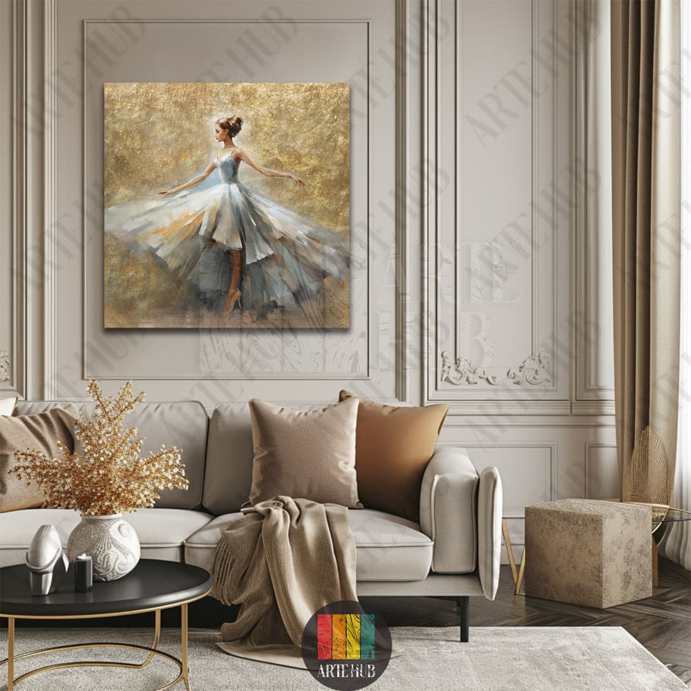 A premium canvas wall art piece depicting a graceful ballerina in a flowing white dress against a textured gold background in a luxury living room setting.