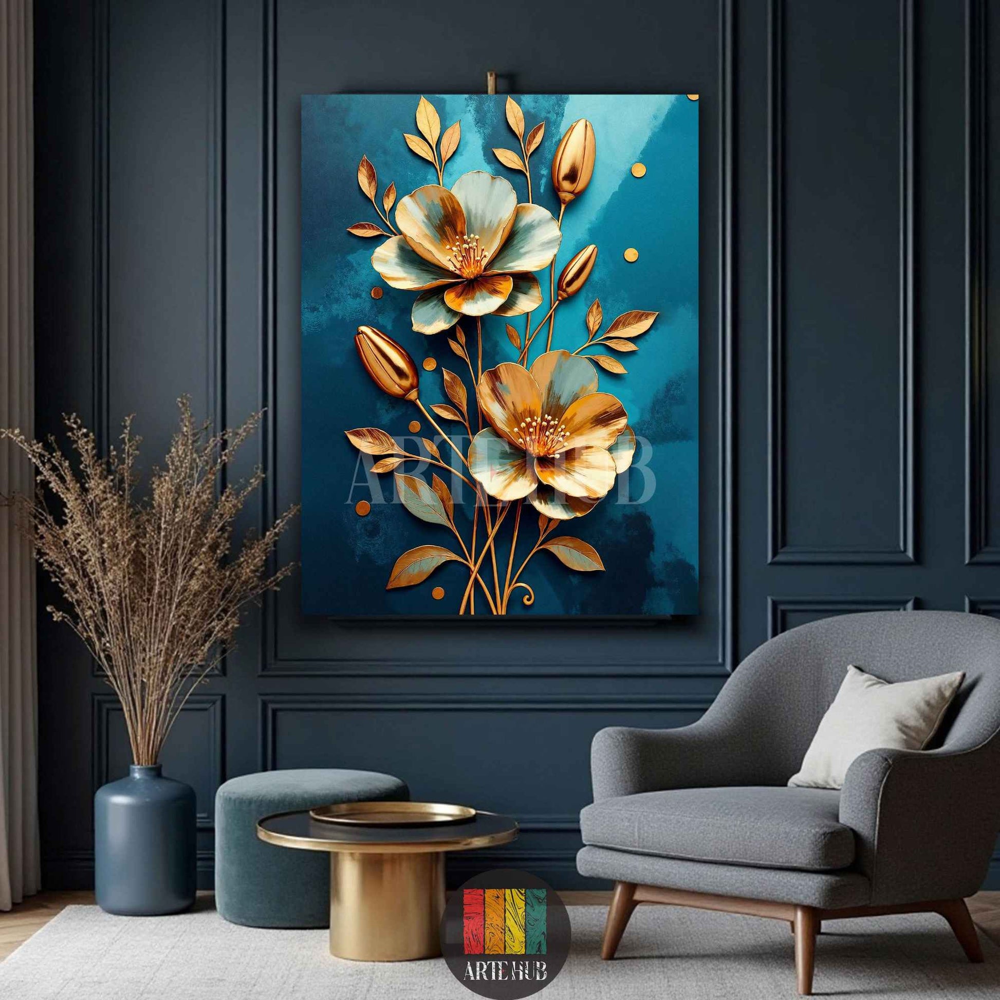 Elegant 3D golden floral canvas wall art with teal and blue background accents in a luxury dark-themed living room.