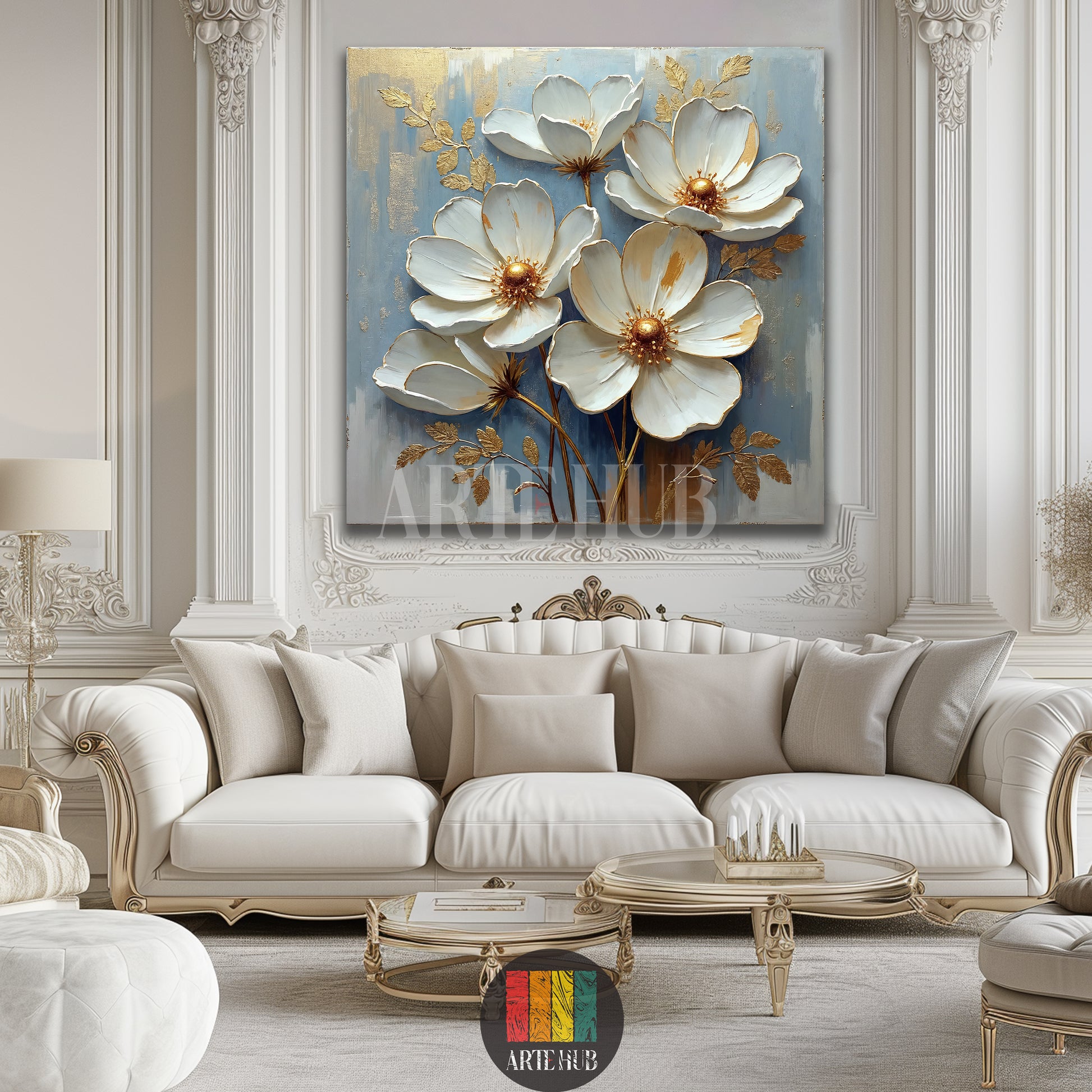 Luxury 3D textured white floral canvas wall art with gold accents displayed in a classic white Egyptian living room setting.