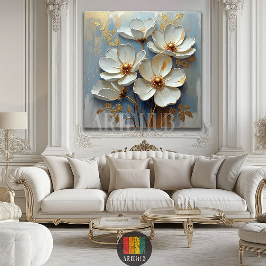 Luxury 3D textured white floral canvas wall art with gold accents displayed in a classic white Egyptian living room setting.