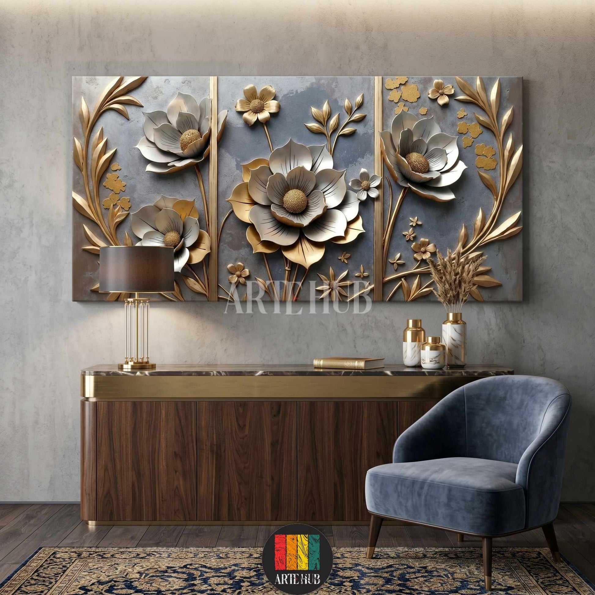 Luxury 3D-effect floral canvas wall art featuring metallic gold and silver flowers on a textured grey background for modern home decor in Egypt.
