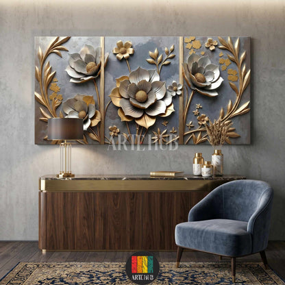 Luxury 3D-effect floral canvas wall art featuring metallic gold and silver flowers on a textured grey background for modern home decor in Egypt.