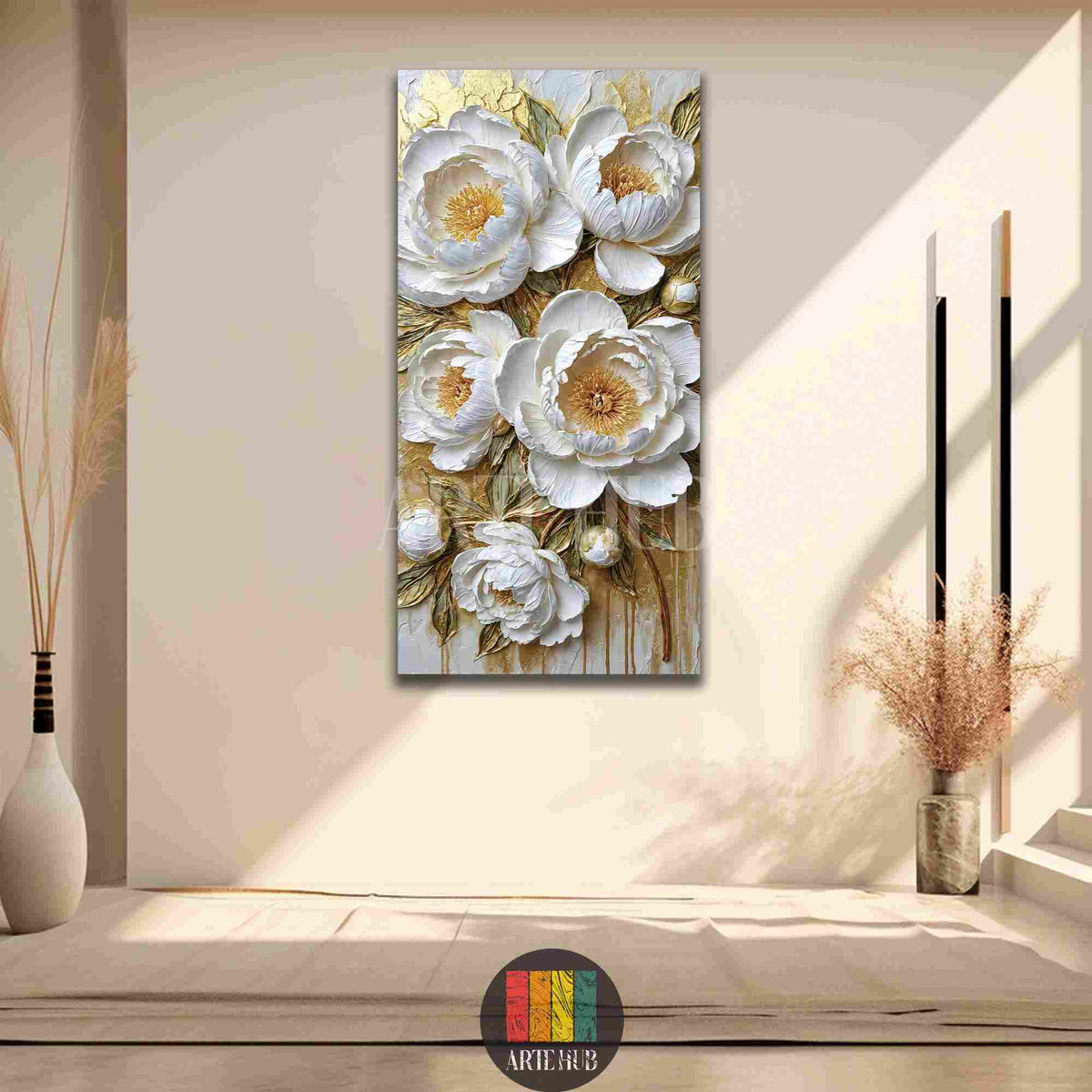 Luxurious 3D textured white peony flowers with gold leaf accents on a vertical canvas wall art for modern home decor in Egypt.