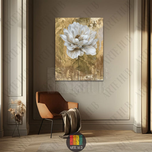 Large white floral canvas wall art with textured gold background in a luxury Egyptian living room setting.