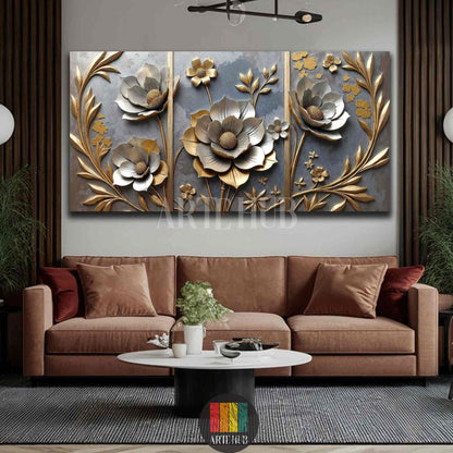 Elegant 3D-effect canvas wall art with gold and silver flowers on a textured grey background, styled over a brown sofa in a contemporary Egyptian home.