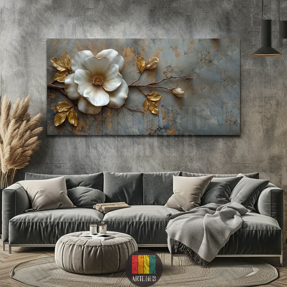 High-quality canvas wall art showing a large ivory flower with golden leaves against a rustic stone-textured background for modern home decor in Egypt.