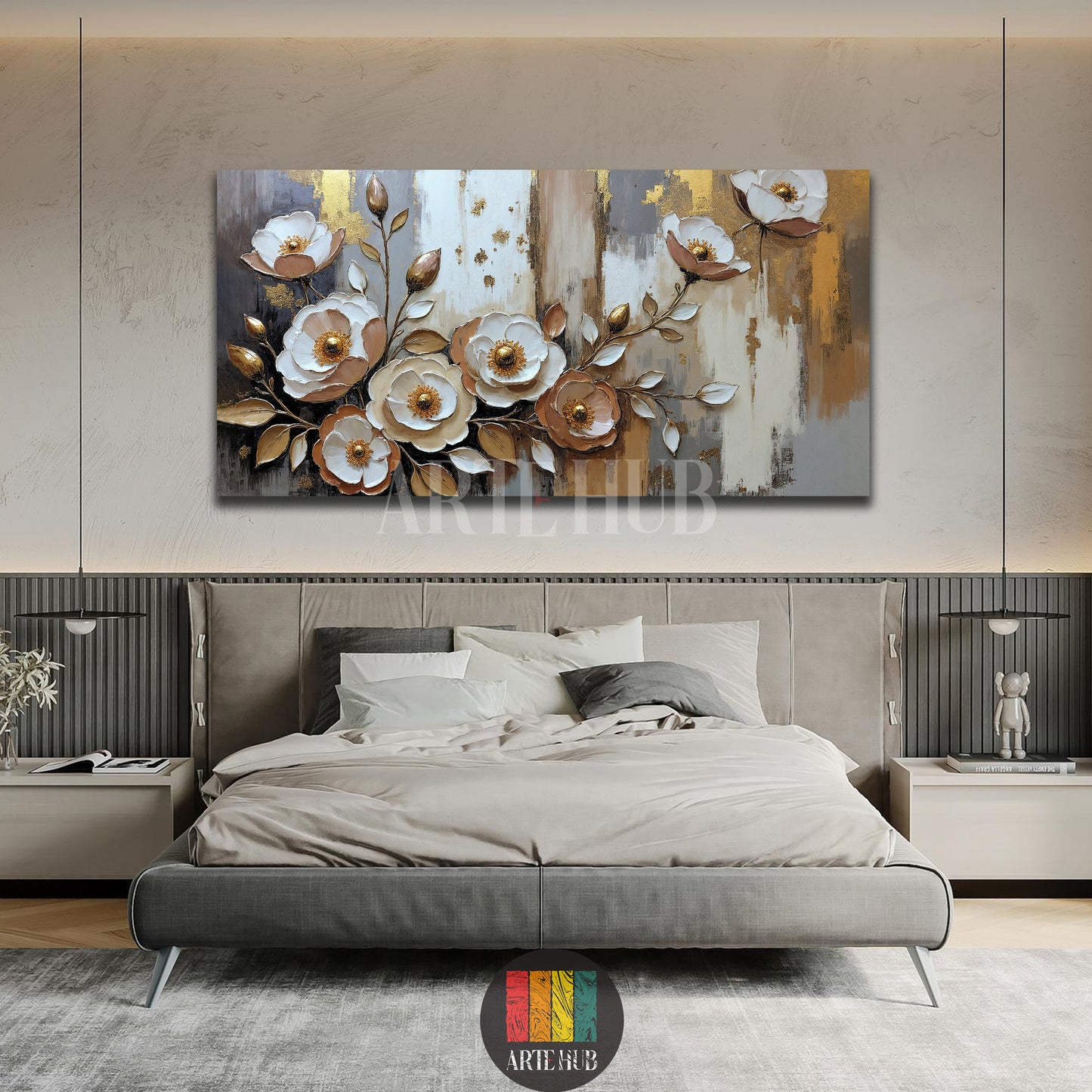 Luxurious 3D floral canvas wall art with golden accents and white flowers displayed in a modern bedroom setting in Egypt.