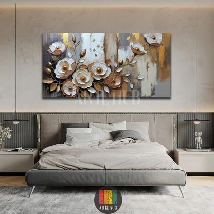 Luxurious 3D floral canvas wall art with golden accents and white flowers displayed in a modern bedroom setting in Egypt.
