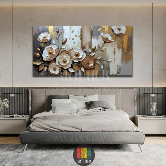 Luxurious 3D floral canvas wall art with golden accents and white flowers displayed in a modern bedroom setting in Egypt.