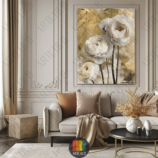 Elegant white peony flowers with a luxury gold leaf textured background, canvas wall art for modern home decor in Egypt.
