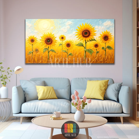 Textured sunflower canvas wall art painting in a bright living room, showcasing vibrant yellow flowers for luxury modern wall decor in Egypt.