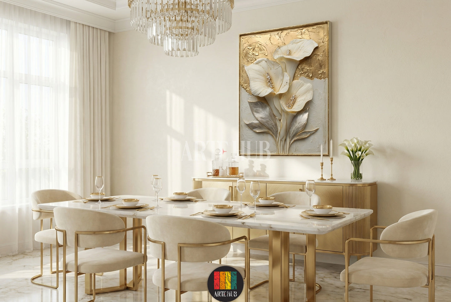 Premium canvas wall art showcasing three white calla lilies with gold and silver accents in a luxury Egyptian dining room.